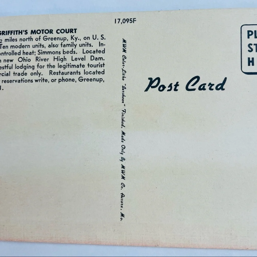 Vintage VTG Griffith’s Motor Court Greenup Kentucky USA Postcard